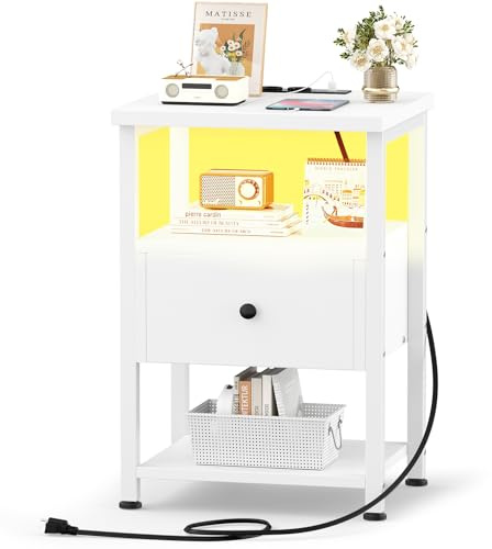 iSunirm Nachttisch mit LED-Beleuchtung, Holznachttisch mit Ladestation, Nachttisch mit Holzschubladen, Nachttische für Schlafzimmer und Wohnzimmer, Weiß