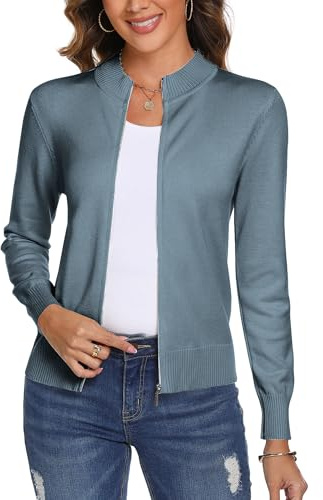 Aottori Cardigan Zippé Femmes à Manches Longues Gilet Veste en Maille Manteau Col Montant Sweat Shirt Côtelé Pull Casual Grisbleu Foncé XXL