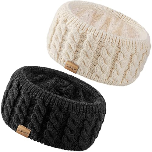 Sofier Winter Headbands for Women 2 Packs Knit Ear Warmers Soft Fuzzy Fleece Lined Cold Weather Ear Muffs Christmas Stocking Stuffers Gifts