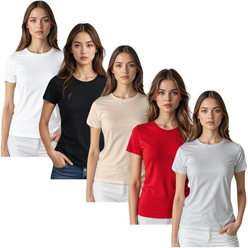 True Face Womens Plain T Shirts Crew Neck Fitted Short Sleeve Tee Top for Ladies Soft Cotton Stretch Summer Shirt for Casual Daily Wear, Layering, Travel or Outdoor Style Assorted - 5 Pack Set2 L