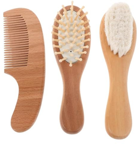 GNALIA Geburtskamm Set, 3 Stück, Baby Haarbürste, Natürliche Holz Bürste, Weiche Ziegenborsten, Für Säuglinge Kleinkinder, Braun, 15Cm Länge X 4Cm Breite