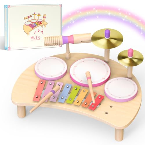 Trommel Kinder Holz, 7-in-1 Kinderschlagzeug Xylophon ab 1 Jahr | Montessori-Holzspielzeug: Trommel, Becken,Xylophon, Klangblock – Rhythmus & Motorik ab 1 Jahr, schönes Geburtstagsgeschenk