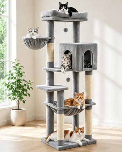 Leejard kratzbaum Groß 150 cm hoch, Katzenbaum mit Große Plattformen | Sisalstämme, Kratzrampe, Katzenhaus, Plüschbälle und Katzenbürste für große Katzen