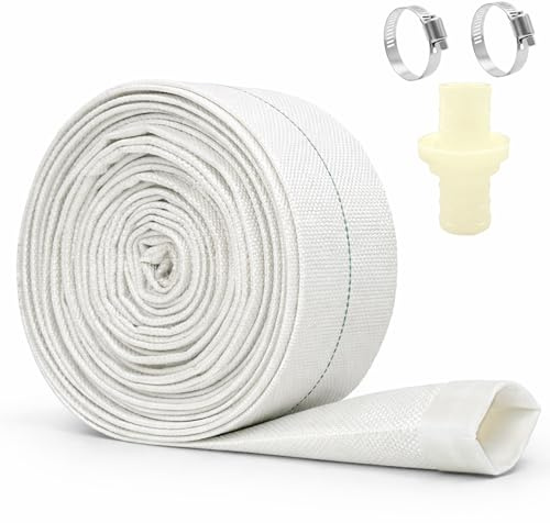 Layflat Discharge Hose, 32mm x 10m(1 1/4) Water Pump Pond Hose, with 2 Clamps and Adapter for Pool Backwash, Submersible Pumps, Draining Pond (White)