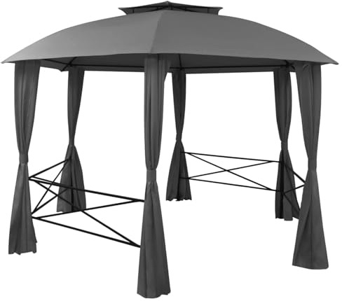 Gartenpavillon Sechseckig mit Vorhängen, 360x312x265 cm, anthrazit, pulverbeschichteter Stahlrahmen & wasserfester Polyesterstoff, Sonnenschutz & Privatsphäre für Grillpartys, Familienfeiern