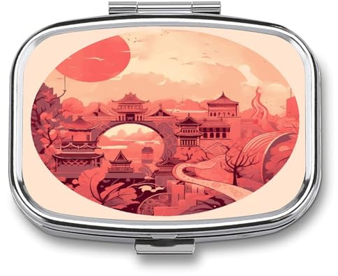 Pilulier de voyage carré portable à 2 compartiments, orné de motifs architecturaux chinois, avec compartiments pour vitamines et huile de poisson. Idéal pour le bureau et la maison.