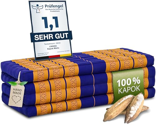 livasia Nachhaltige Klappmatratze aus Kapok - 200x110x8cm - breite Gästematratze, Faltbare Matratze, ökologische Yogamatte, klappbares Gästebett, Liege für Garten und Balkon (Blau/Gelb)