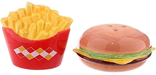 Home Juego de salero y Pimienta de Comida rápida, Hamburguesa y Papas Fritas, cerámica, Multicolor, Height 5.5-8.5cm Width 6-7.5cm Depth 3-6.5cm