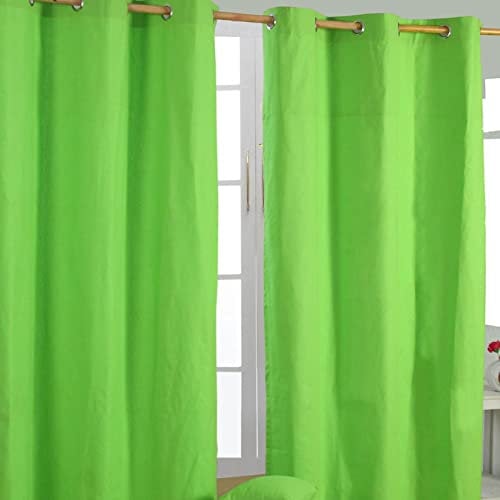 HOMESCAPES Green Eyelet Curtain Pair 137cm (54) Wide x 228cm (90) Drop Plain Heavy Unlined Curtains