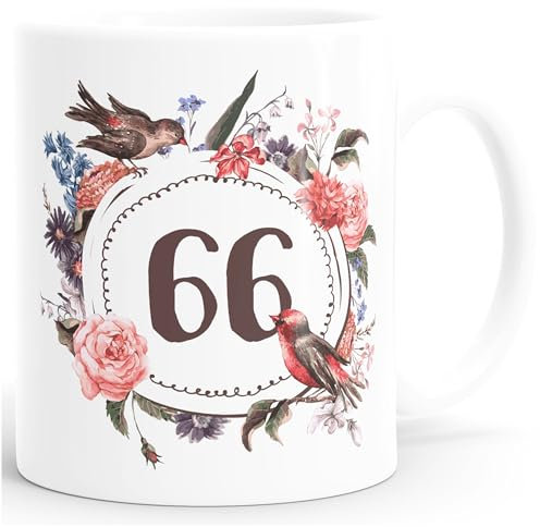 MoonWorks Geburtstags-Tasse 66 sechsundsechzig Geschenk-Tasse Kaffee-Tasse Blumen Blüten Blumenkranz weiß Unisize