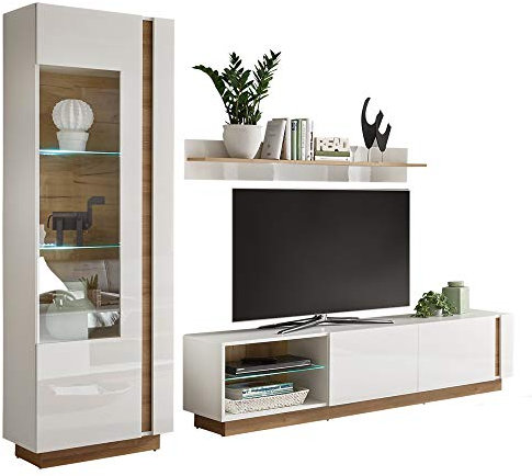 Lomadox TV-Media Wohnwand in weiß Glanz mit Grandson Oak Eiche Nb. inkl. LED-Beleuchtung
