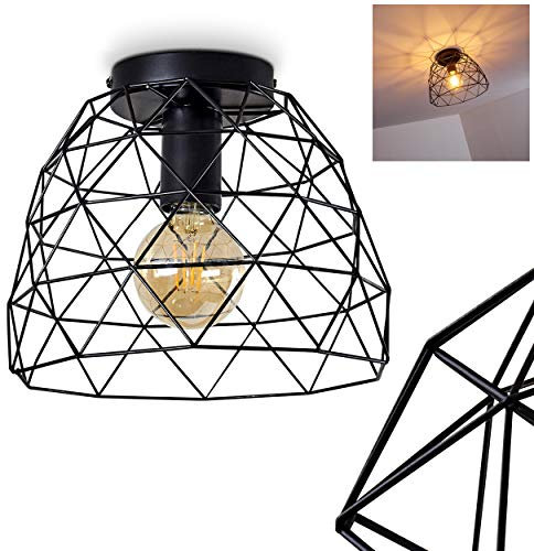 Deckenleuchte Hajom, runde Deckenlampe aus Metall in Schwarz, 1-flammig, E27-Fassung, Retro-Leuchte mit Lichteffekt durch Gitter-Optik, ohne Leuchtmittel