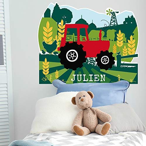 Sticker Tête de Lit Pour Chambre D'Enfant - Tracteurs - Personnalisable Avec Le Prénom De Votre Enfant - Dimensions 64 cm x 80 cm - Protection Anti-UV
