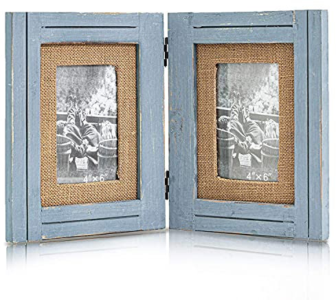 Doppel-Bilderrahmen, 10 x 15 cm, mit Jute-Rand, für Zuhause, Büro, Schreibtisch, Geschenk für Halloween, Dankeschöntag, Geburtstag, Jahrestag, Weihnachten, Neujahr, Muttertag, Blau