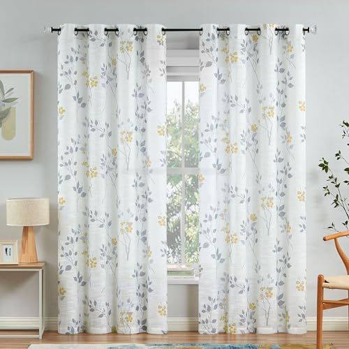 Beauoop Durchsichtige Fenstervorhänge mit Blättermuster, 240 cm lang, botanisches Blumenmuster, Leinenstruktur, Vorhänge für Wohnzimmer/Schlafzimmer/Bauernhaus, Voile, mit Ösen, gelb/grau, 2 Bahnen