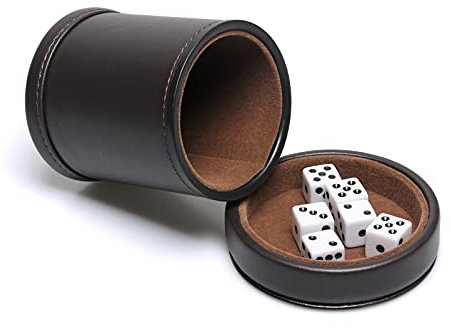 RERIVER PU Leather Dice Cup with Lid, Dark Chocolate Leatherette and Dark Brown Felt-Lined Quiet Dice Shaker Cup, Including 6 Black Dot Dice for Liars Dice/ Farkle/ Yahtzee Games, 1 Pack