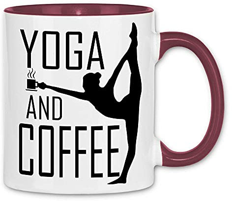 wowshirt Tasse Coffee and Yoga Kaffee Spruch Fitness Büro-Humor, Farbe:White - Bordeaux