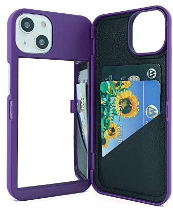 W7ETBEN iPhone 14 Wallet Case, iPhone 13 Case with Kickstand Built-in Mirror Shockproof Card Holder Cover for Apple iPhone 14 (2022) 6.1 /iPhone 13 (2021) 6.1 Inch (Purple)