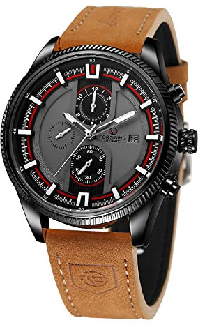 FORSINING Herren Automatik Tourbillon Wasserdicht Kalender mit braunem Lederband Armbanduhr, Schwarz / Braun, Casual