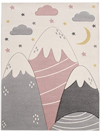 TT Home Kinderzimmerteppich Junge Mädchen Kinderteppich Wolken 3D Optik Sterne Berge, Farbe: Grau Pink Creme, Größe:140x200 cm