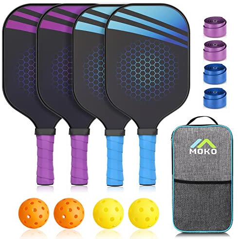MoKo Pickleball Paddel Set, 2 Paar Leicht Pickleball Schläger aus Fiberglas mit 4 Pickleball Bälle und 1 Pickleball Tasche für Indoor Outdoor Sport Anfänger und Professionelle Spieler, Blau + Lila