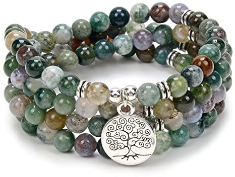 108 Mala Perlen Armband-Mala Perlen Meditation Balance Baum des Lebens Armband-Meditation 108 Mala Stress Angst Relief Halskette (Indischer Achat (Indian Agate))