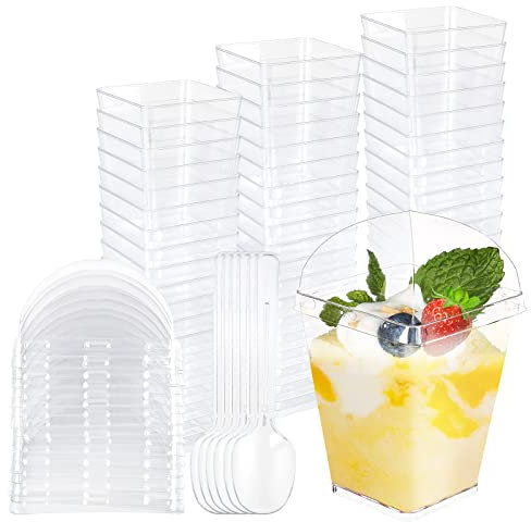 STARVAST Lot de 100 Coupes à Dessert 160 ML/6 OZ, Tasses à Dessert avec Cuillère Plastique et couvercle, Verrines Desserts pour Desserts, Apéritifs, Tiramisus