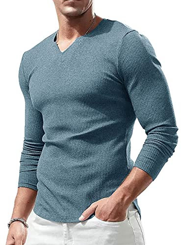 Lehmanlin T-Shirt de Sport à Manches Longues pour Homme, Col en V Extensible, Coupe Musclée, sous-vêtement Décontracté, T-Shirt Thermique Léger pour Homme Bleu L