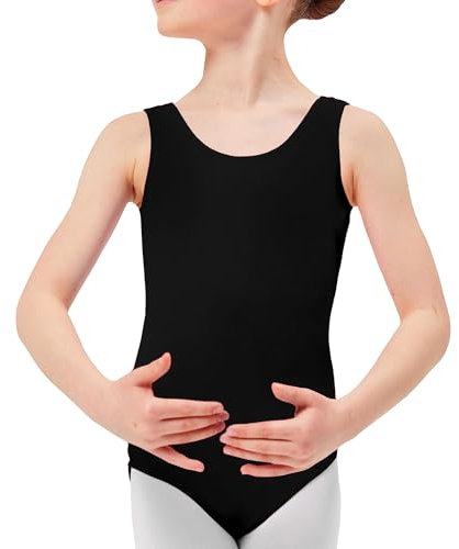 The Fancy Dress® Girls Cotton Stretch Leotards Kids School PE Ballet Dance Gymnastics Sleeveless Bodysuit Top (Black, 11-12 Years)
