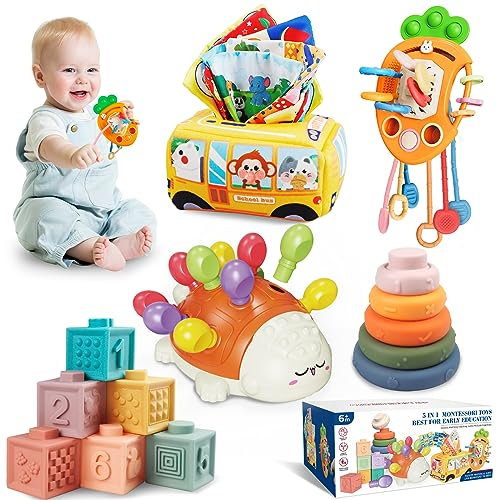 Baby Spielzeug für 6 bis 12 Monate, Montessori Spielzeug für Babys, 5 in 1 Feinmotorik Sensorisches Spielzeug, Stapelspielzeug Blöcken und Ringen, Zugschnur Spielzeug, Tissue Box für Baby 12–18 Monate