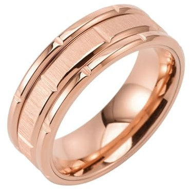 Mesnt Verlobungsring Rosegold, 8MM gebürsteter Ring mit geometrischen Rillen aus Edelstahl für Männer/Frauen Rotgold, Größe 52 (16.6)