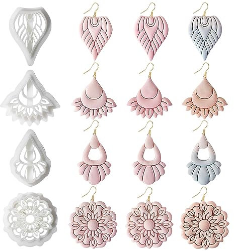 4 Stück Bohème Blume Polymer Clay Cutter,Retro Boho Blumen Form Polymer Ton Ausstechformen Weinlese Blumen Muster Clay Ohrring Ausstecher Tonausstecher für Polymer Clay Schmuck Ton Ohrring Bausatz