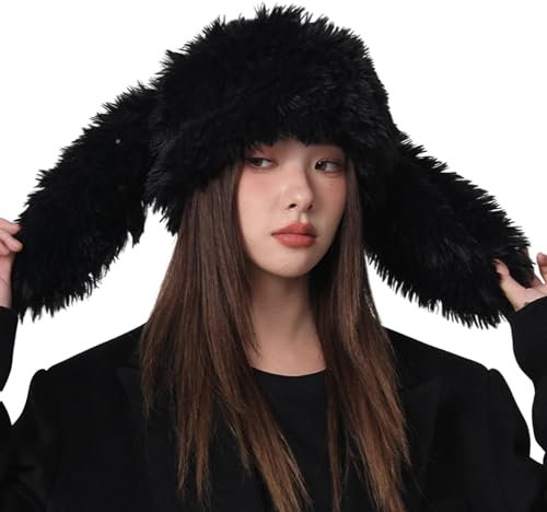 Reheyre Fuzzy Bunny Mütze für Damen, flauschig, gemütlich, Plüschmütze mit langen Hasenohren, Wintermütze, Totenkopfmützen, Outdoor, Schwarz, Einheitsgröße