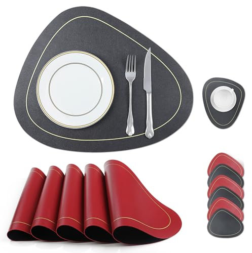 fanquare Set de 6 Sets de Table Et sous-Verres de Noël, Sets de Table Double Face en Cuir PU avec Bordure Dorée, Lavables, Antidérapants Et Isolants pour La Table À Manger Noir Et Rouge Vin