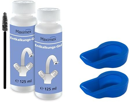 Maximex Anti-Kalk-Caps+Entkalkungsgel, 4tlg, effektives Gel mit Reinigungsbürstchen entfernt Kalk, sparsam im Verbrauch, 2x125ml, 2 x Anti-Kalk-Cap für Wasserhahn zum Befüllen, Silikon