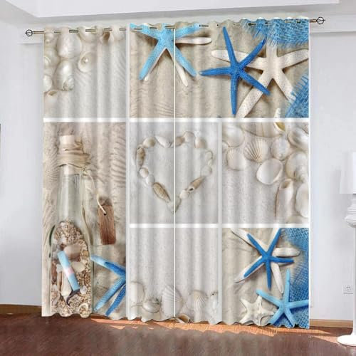 GIOVIA 3D Maritime Gardinen Abdunkelnde Strand Seestern Kindervorhänge Vorhang mit ösen 2er Set Vorhänge Blickdicht Verdunkelungs für Kinderzimmer Schlafzimmer Wohnzimmer B 140 X H 160 cm