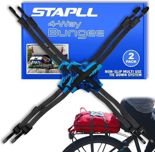 STAPLL Tack Strap – 4-Wege-Flach-Bungee-Schnur mit Gummi-Pad-Griff, rutschfeste Spanngurte für Motorrad, ATV, Kajak, Radfahren, Camping, LKW, Lagerung, verstellbare Bungee-Seile – 2 Stück (schwarz &