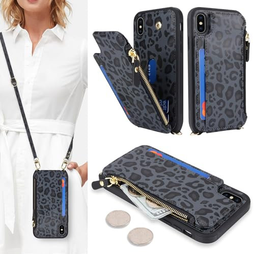 SailorTech for iPhone XS Max Phone Case with Credit Card Holder for Women, iPhone XS Max Leather Case Wallet Crossbody with Credit Card Slots Zipper Shockproof Case for Men - Black Leopard