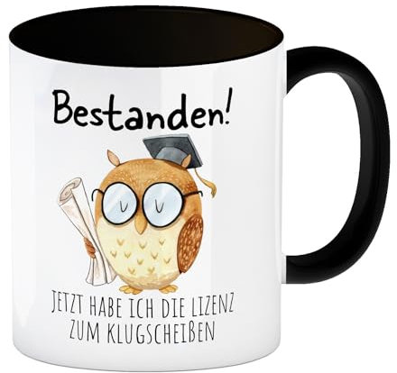 Bestandene Prüfung Eule Kaffeebecher in schwarz mit Spruch Lizenz zum Klugscheißen Tasse Abschlussgeschenk Bachelor-Feier Glückwunsch Bachelor Studium Schüler Ausbildung