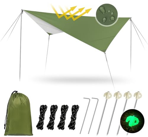 Hossom Bâche Anti-Pluie, Tarp Toile de Tente Imperméable Bivouac, Camping Bâche Rain Tarp Anti UV, Abri de Randonnée Parasol Léger Portable avec 4 Piquets Lumineux + 4 Corde + 2 Clou en Aluminium
