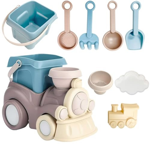 xwin sportseries Kids Train Beach Toy Set Outdoor Summer Sand Play Toy for Children Includes Toy Beach Bucket Mini Cloud Mould Durable Train Rake & Bonus Tool Kit Boys & Girls