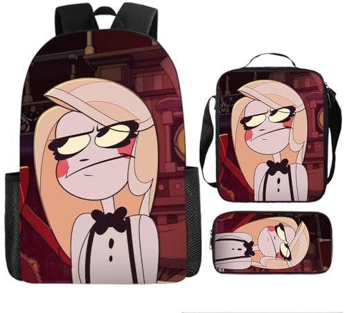 Yanny Charlie Cosplay Rucksack Angel Dust Alastor Schultertasche Print Hazbin 3Pcs Anime Tasche (Black - 6, One Size)