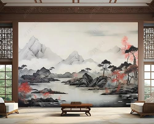 Vlies Fototapete Berge Seen Kiefern Waldtuschemalerei 300X210 Cm - Foto Tapete Schlafzimmer Wohnzimmer Moderne Vliestapete Xxl Wandtapete Motivtapeten Bildtapete 3D Effekt Wand Dekoration