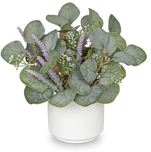 Oairse Artificial Plants Indoor with Ceramic Pots 30cm Decorative Fake Potted Plants Realistic Faux Eucalyptus Plant with Lavender for Home Bathroom Kitchen Living Room Desk Shelves Office Decoration