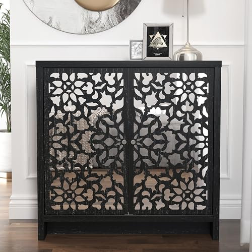 Galano Norwich 2 Door Sideboard – Modern Laser Cut Design with Acrylic Mirror – Storage Cabinet for Living Room, Bedroom, or Kitchen – Rustic Black Oak