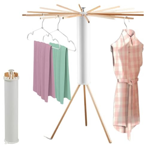 Ausla Clothes Airer, Collapsible Tripod Clothes Drying Rack Clothes Horse Hanger Cypress Wood Washing Line Pole Laundry Dryer Rack, Holds 16 Hangers 112cm Height 40kg Capacity