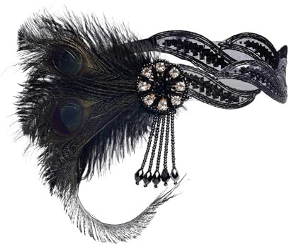 Lufdegim 1920s Stirnband Damen Kopfschmuck, 20er jahre Gatsby Haarband Pfau Feder Kostüm Accessoires 20er Jahre Accessoires Flapper Deco Damen für Karneval Fasching Kostüm Hochzeit (Schwarz)