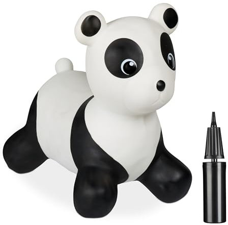 Relaxdays Panda Gonfiabile per Bambini, Animale Saltellante, Fino a 50 kg, Senza BPA, 3 Anni, Pompa Manuale, Nero Bianco, 43 x 51 x 25 cm