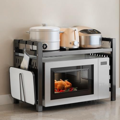 Mapille Mensola Microonde Salvaspazio Estensibile 40-64CM, Ripiani per Microonde con 6 Ganci 1 Tagliere Rack Regolabile Due Livelli Microonde Scaffale Supporto Microonde Cucina Organizzatore Ripiani