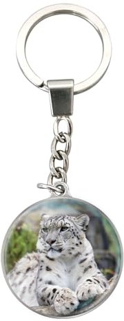 Magnidome Deluxebase Snow Leopard Keychain – Crystal Glass Dome Animal Key Ring with Stainless Steel Chain, Cute Snow Leopard Key Holder for Fun Bag Charms and Novelty Gifts.